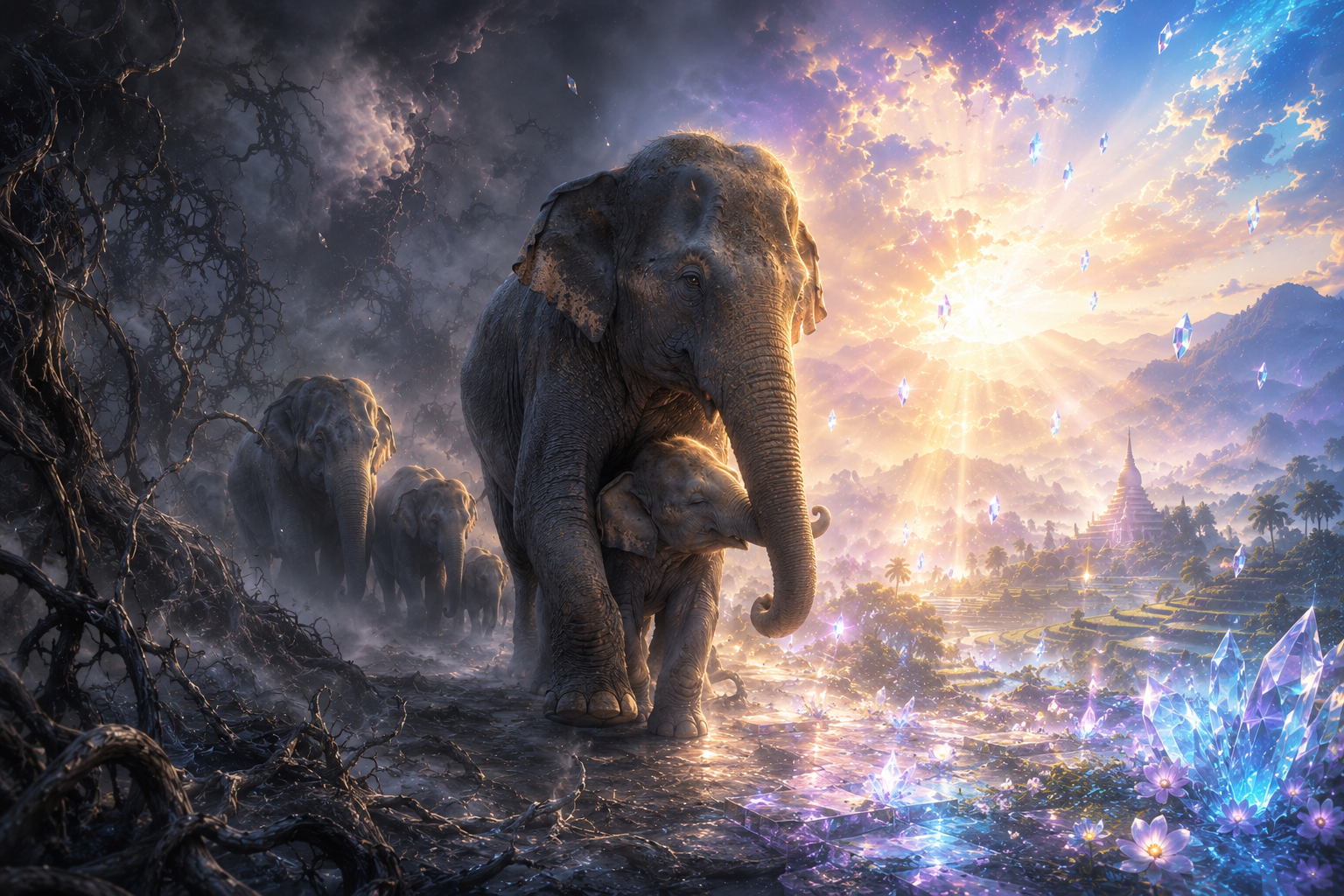 Elephants walking from shadow toward a crystalline light